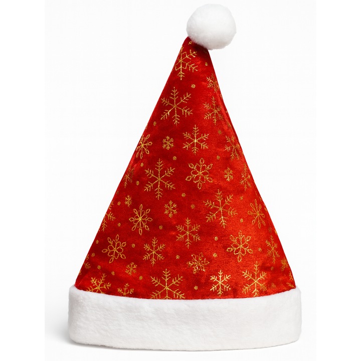 Caciula Mos Craciun rosie, cu fulgi aurii, material catifea moale