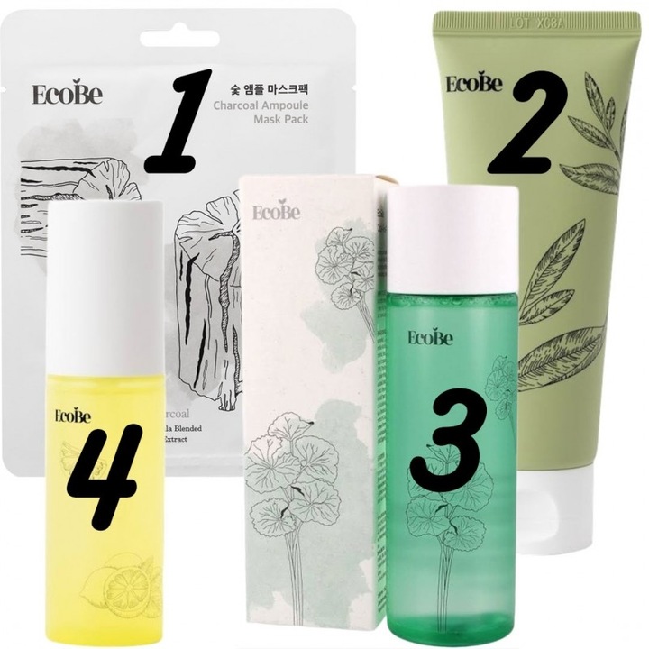 Set EcoBe Pore Balance Ritual, 4 produse, spumă de curățare, mască cu cărbune activ, toner cu ceai verde, ser cu vitamina C, pentru ten gras/mixt