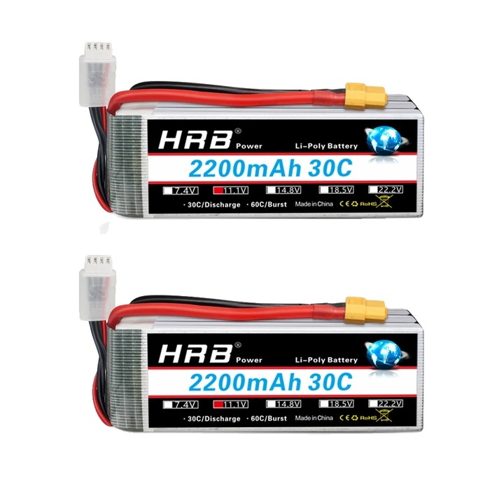 Baterie LiPo RC 11.1V 2200mAh 30C, set 2 buc, 105x34x24mm