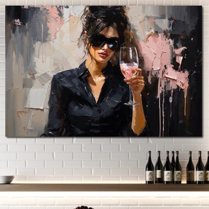 Tablou Canvas Premium, LuxCanva® N1199, Roz Efervescent, 80 X 120 CM, Panza Bumbac 100% 400g/m2, Sasiu Lemn, Feminin, Ochelari de Soare, Roz, Chic, Pahar, Vin, Sofisticat, Pub, Bar, Lounge, Restaurant, Bucatarie