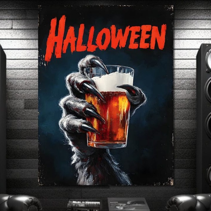 Tablou Canvas Premium, LuxCanva® N1195, In Cinstea Noptii, 75 X 100 CM, Panza Bumbac 100% 400g/m2, Sasiu Lemn, Halloween, Varcolac, Gheare, Infricosator, Pahar, Bere, Bautura, Pub, Bar, Lounge, Restaurant, Bucatarie