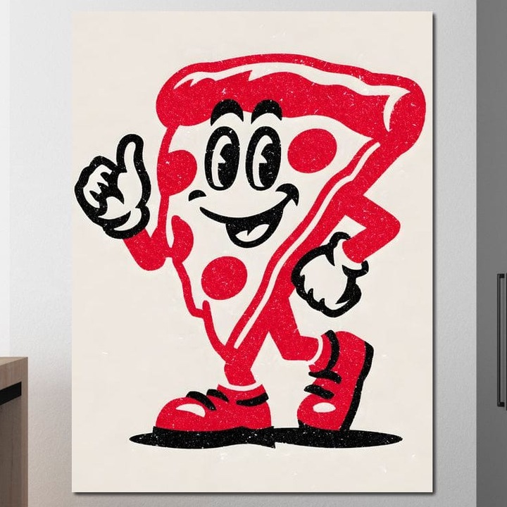 Tablou Canvas Premium, LuxCanva® N1191, Pizza Party, 100 X 135 CM, Panza Bumbac 100% 400g/m2, Sasiu Lemn, Felie, Veselie, Personaj, Mascota, Cool, Amuzant, Mancare, Fast Food, Pizzerie, Restaurant, Bucatarie