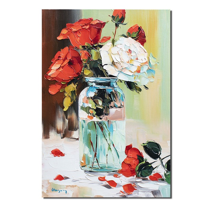 Tablou pictat manual, ArtNova, trandafiri, ulei pe pânză, 60x40cm