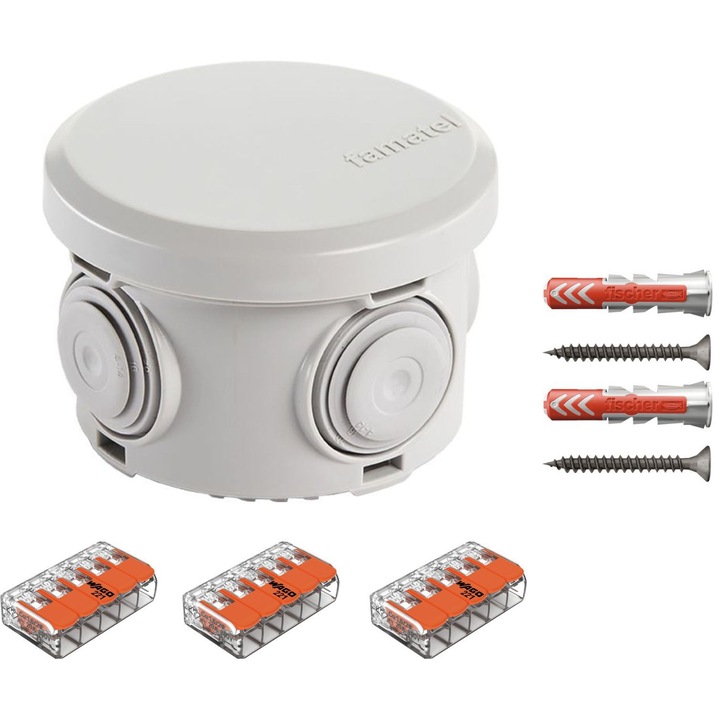 Doza de derivatie aparenta, Cutie conexiuni cu presetupe IP65 Famatel 3027, cu 4 intrari, 84x50mm dotata cu cleme Wago 221-415 3 buc si dibluri Fischer DuoPower 6x30 2 buc