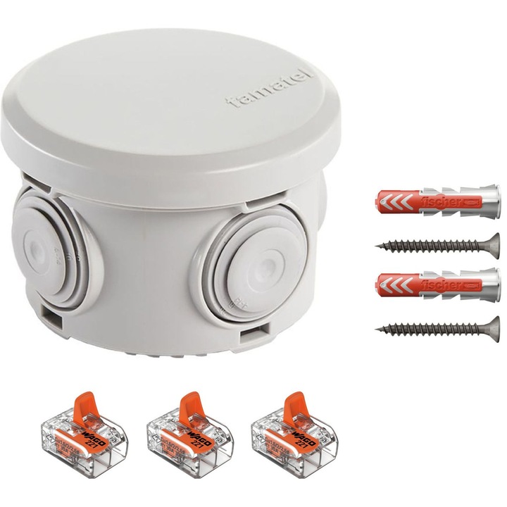 Doza de derivatie aparenta, Cutie conexiuni cu presetupe IP65 Famatel 3027, cu 4 intrari, 84x50mm dotata cu cleme Wago 221-612 3 buc si dibluri Fischer DuoPower 6x30 2 buc