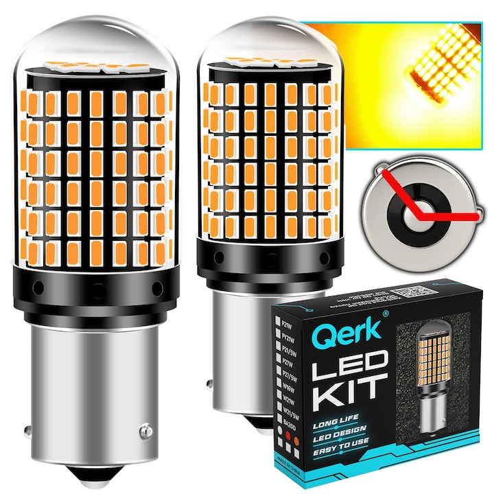 Комплект от 2 LED крушки за кола, PY21W, Qerk, B144, 50W, 6000K, 12V, 20000 H, Задни светлини, Дневни светлини, Мигачи, Габаритни светлини