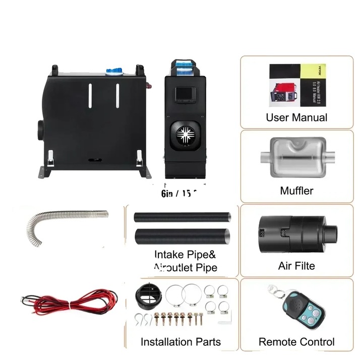Légfűtő, 8KW, fekete, távirányítóval, 12V, 5L
