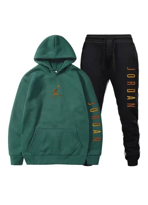 Férfi sportruházat szett, polár kapucnis pulóver, sokoldalú zöld színben, fekete nadrággal - XL
