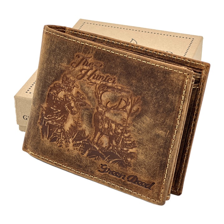 Portofel bărbați piele naturală Micutz Hunter, gravură vânătorească, 12x9.5x3 cm, culoare maro
