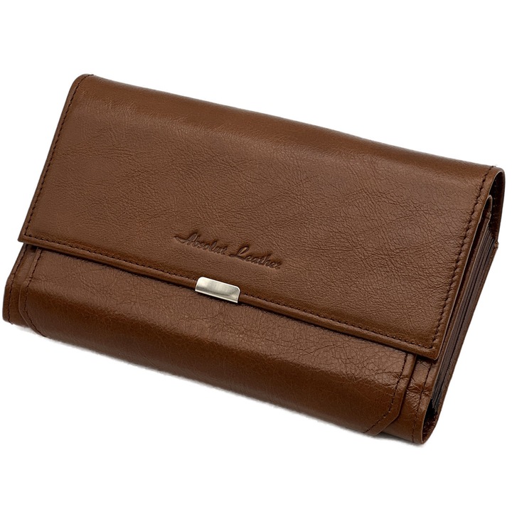 Portofel Ospatar, Micutz, Piele naturală, 6 compartimente, Maro, 20x10x3.5cm