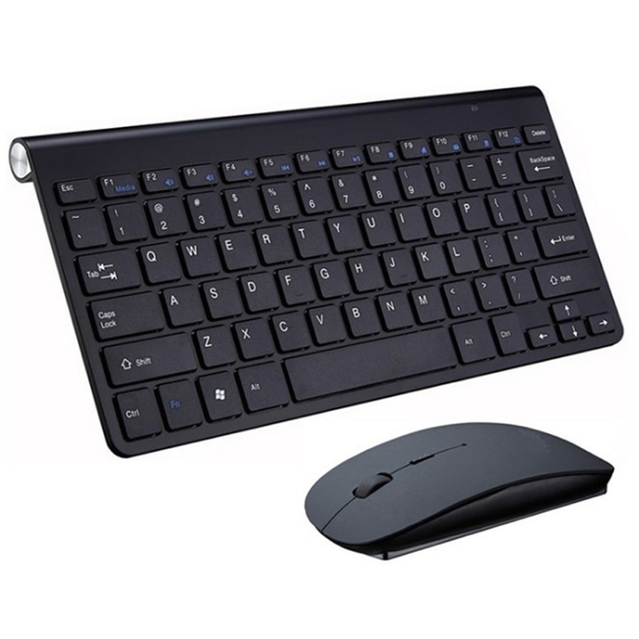 Set tastatura si mouse wireless 2.4 Ghz, receptor USB, 78 taste, ultraslim, design elegant, ergonomic si confortabil, conectivitate universala, dimensiuni tastatura 28, 5 x 13, 3 x 1, 8 cm, dimensiuni mouse 13, 3 x 5, 9 x 2 cm, negru