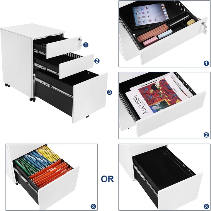 Мобилен шкаф SONGMICS тип ролбокс за офиси, стоманен, чекмедже с релса за папки А4, 39x52x60 см, бял