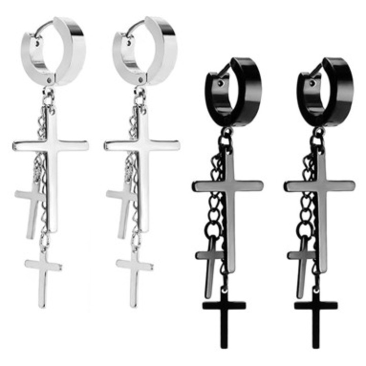 Set Cercei din otel inoxidabil cu cruce si ciucuri, negru, argintiu