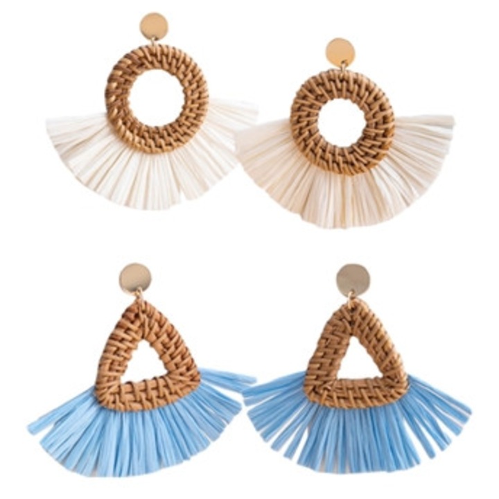 Set 2 Perechi Cercei din ratan, ciucuri geometrice si pandantive boho, Crem / Albastru