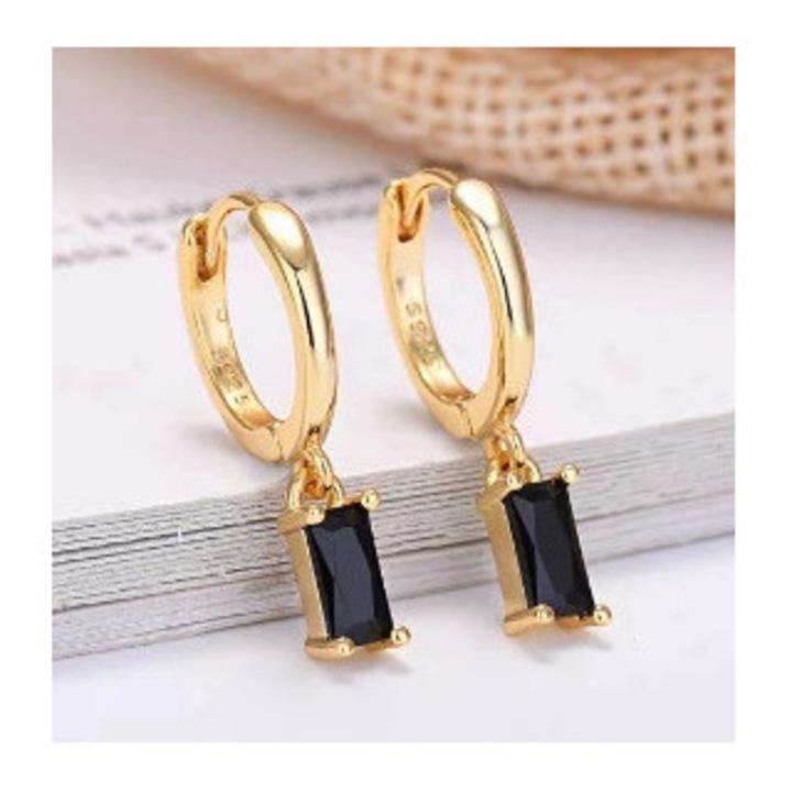 Cercei aurii dama, cercei din argint 925, cu piatra neagra