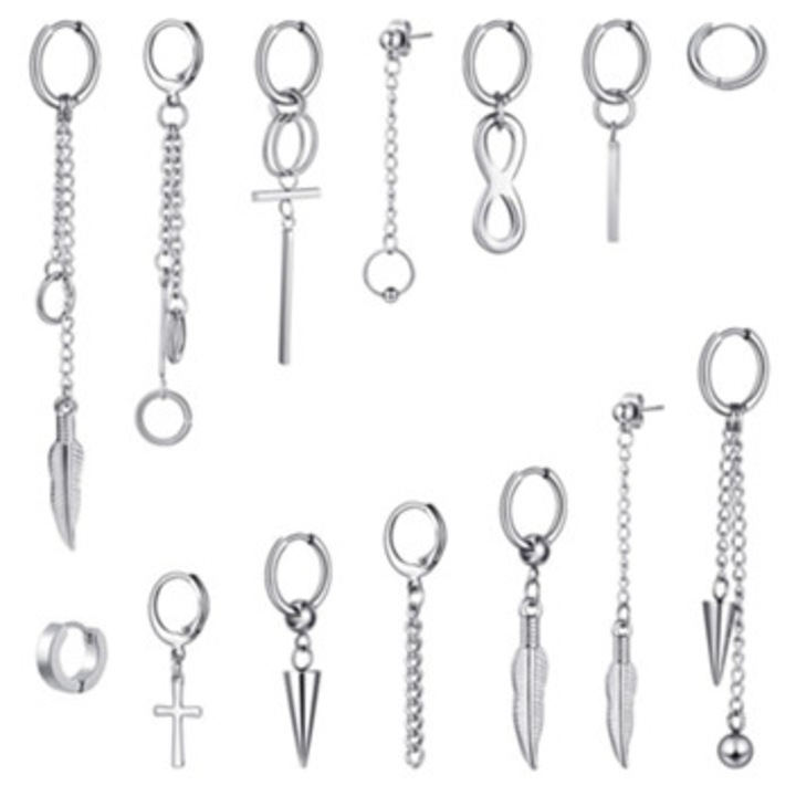 Cercei dama, set de 14, lungi, argintiu