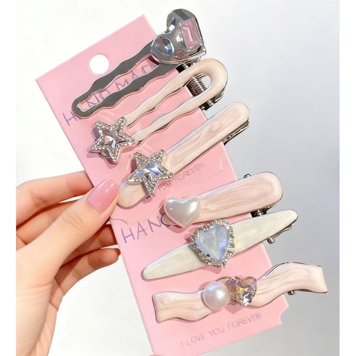 Hajcsat szett, 6 darabos, rózsaszín és ezüst, 8x14cm, műanyag