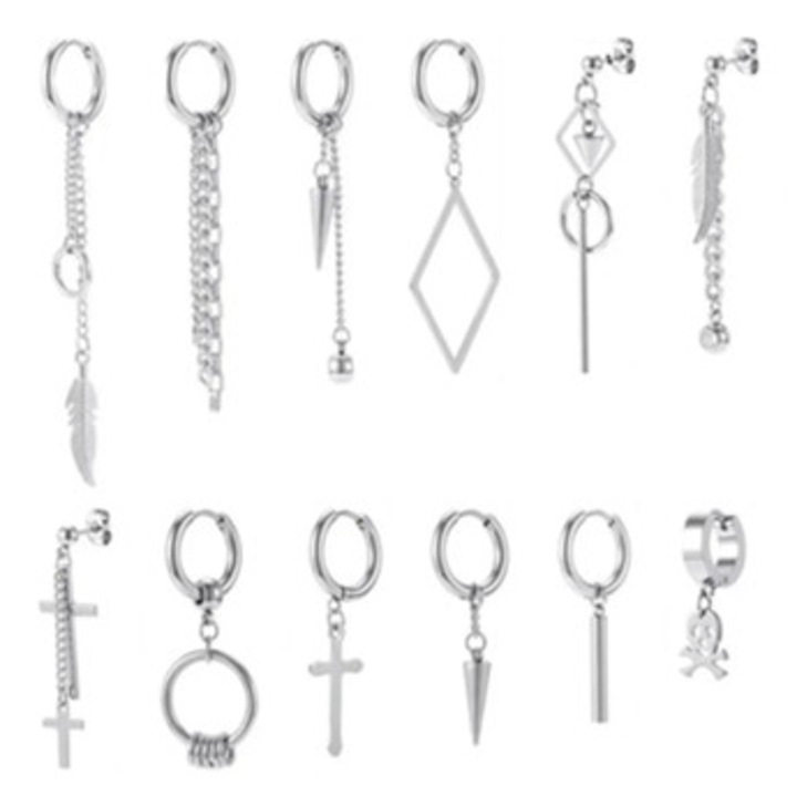 Set 12 cercei metalici, inox, argintiu