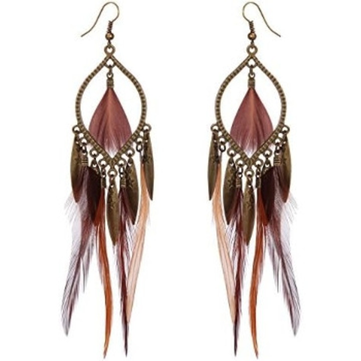 Cercei dama, model vintage boho, cu pene, maro