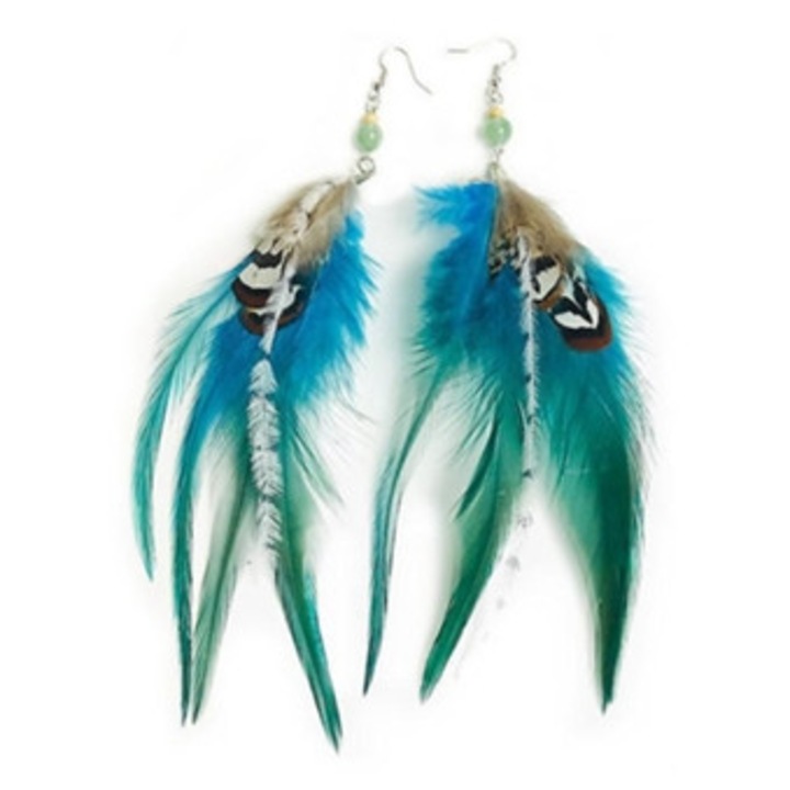 Cercei model boho, cu pene, albastru