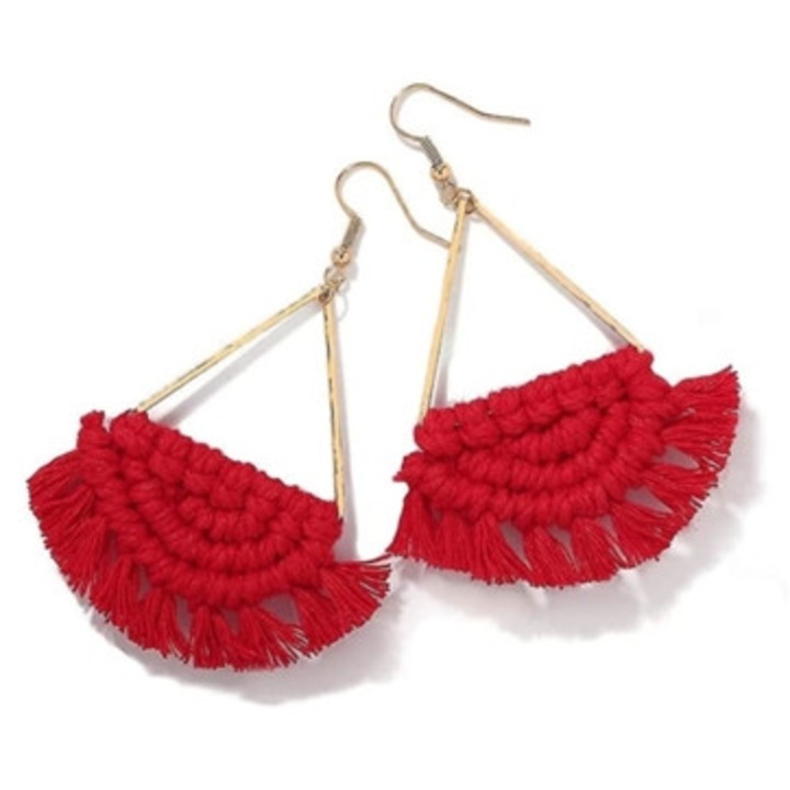 Cercei cu franjuri din matase, handmade, stil boho, rosu