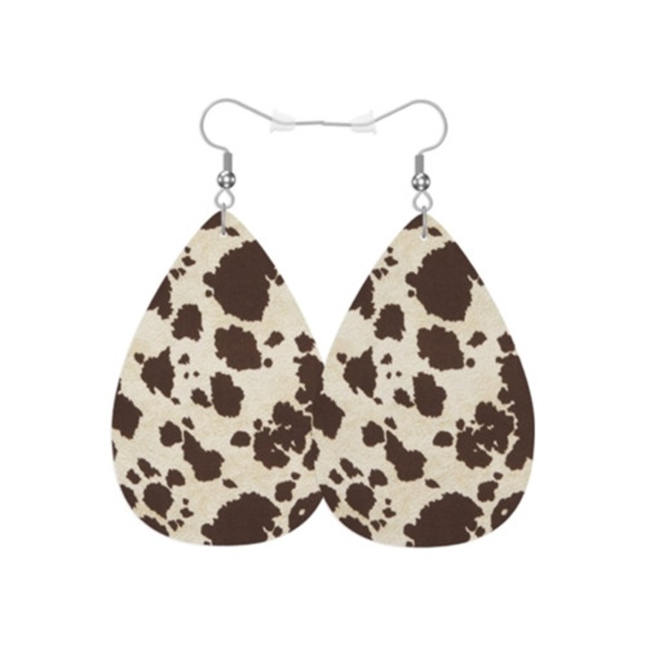 Cercei din piele ecologica cu imprimeu retro, alb/maro