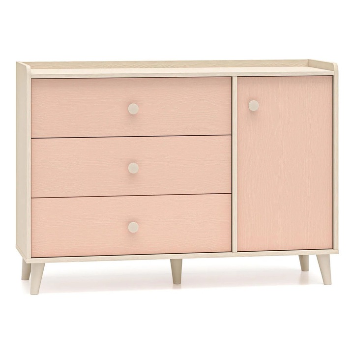 Bufet Furnlux Mevel, mov rozaliu pal, 120x85x40 cm, 1 usa, 2 rafturi, 3 sertare