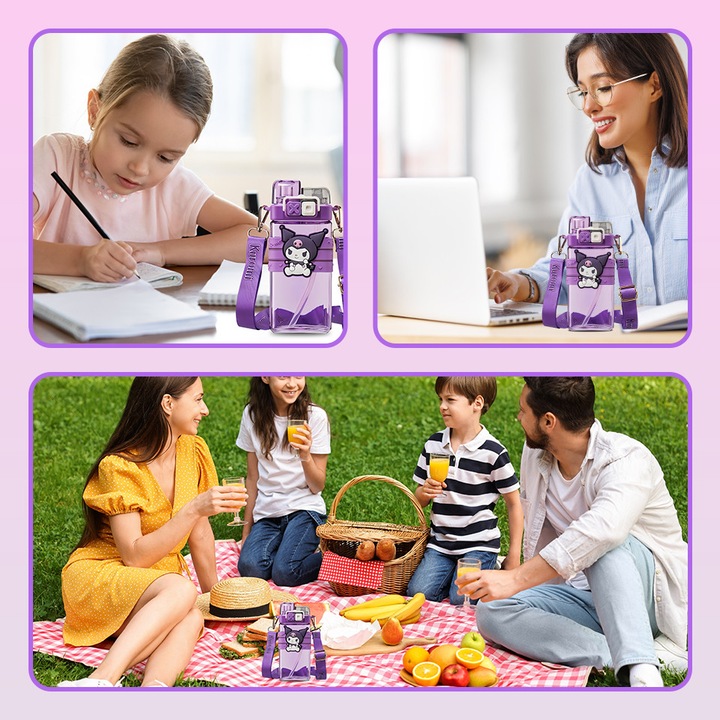 Детска бутилка за вода, AjieQaQ, дизайн Kuromi, 520 мл, материал тритан, устойчива на падане