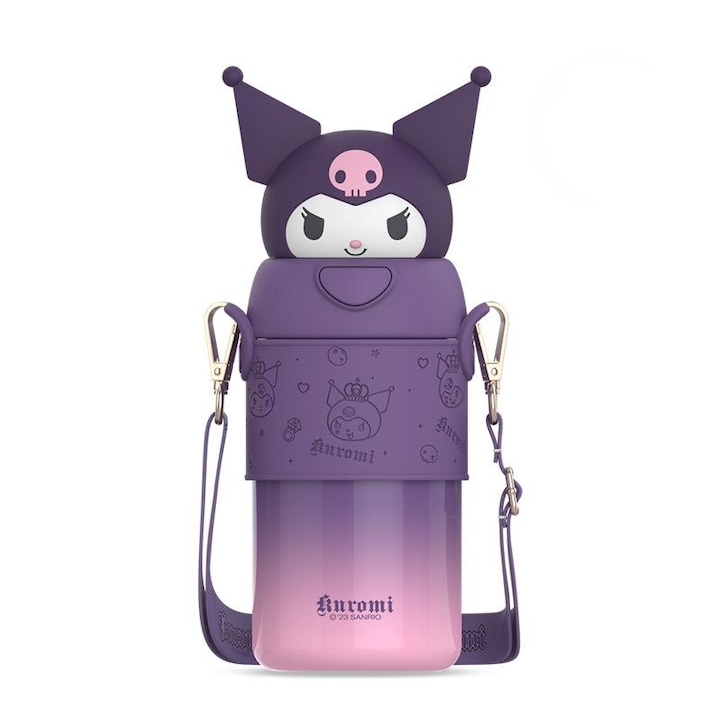 Детска бутилка за вода, AjieQaQ, дизайн Kuromi, 560 мл, екологичен тритан, 23x8x8см