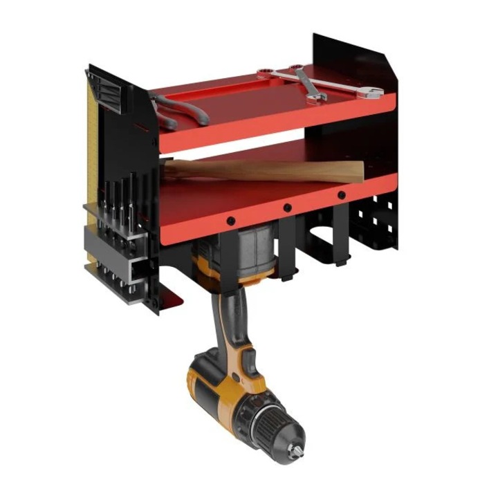 B2X fali tartó szerszámtároláshoz, 4 akkus csavarhúzóhoz, fém, 46,5x25,7x8,5cm