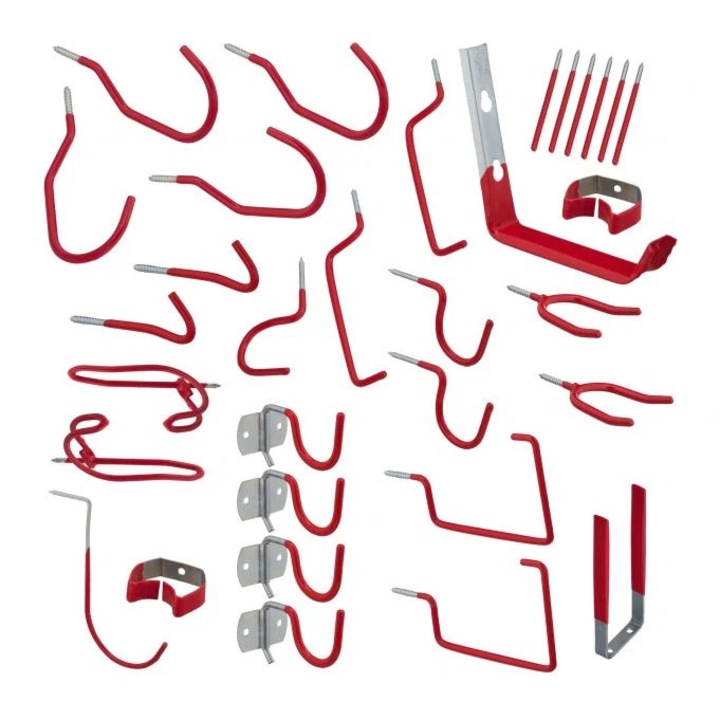 32 darabos szerszámkampó készlet, B2X, horganyzott acél, piros PVC bevonat, 23x20x6,5 cm
