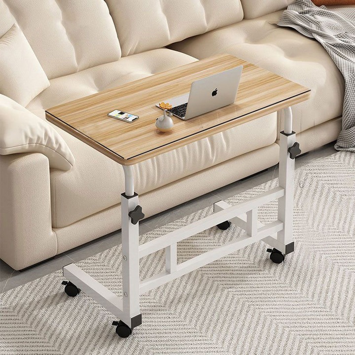 Birou cu roti, masa de studiu reglabila, masa laterala mobila, suport pentru laptop, 60*40*70-90cm cu roti, poate fi asezat pe canapeaua extensibila, Culoarea lemnului de nuc