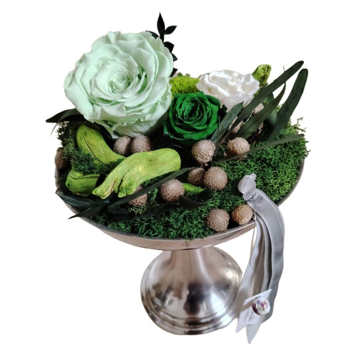 Aranjament floral din flori naturale criogenate, cupa metalica vintage, multicolor, 25x16cm