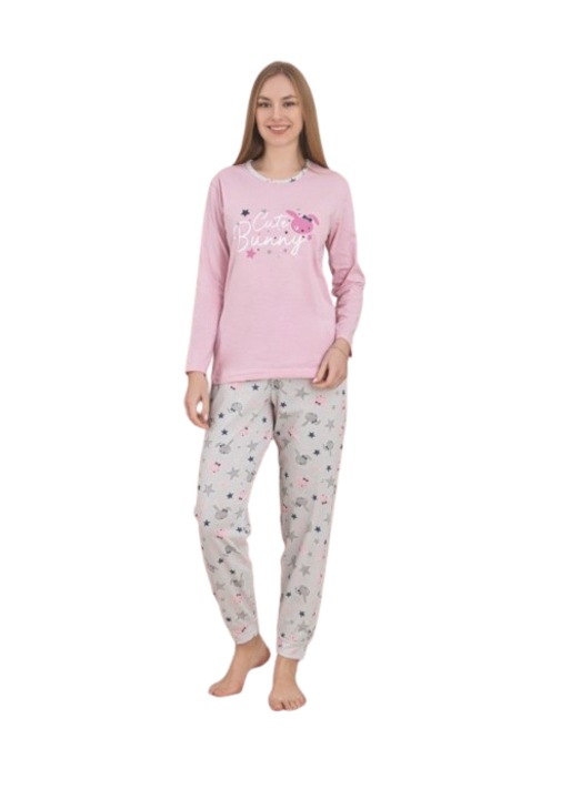 Női pizsama, 2 részes, rózsaszín hosszú ujjú felső, hosszú nadrág, aranyos nyuszi