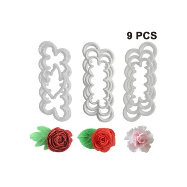 Set 9 forme prajituri 3D, pentru decorare torturi, flori de trandafir, Alb