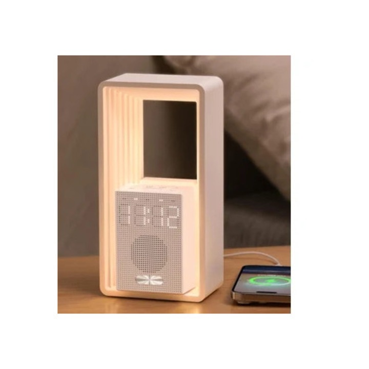 Ceas decorativ digital cu alarma, lumina de rasarit, 9 sunete albe, alb