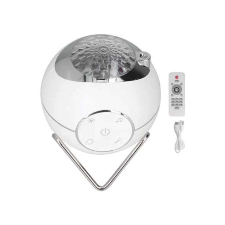 Proiector de noapte multifunctional, 10 culori LED, rotire 360°, control tactil, alb