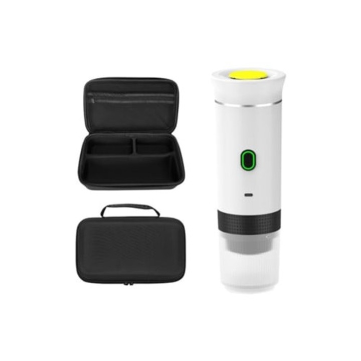 Cafetiere portabila 3-in-1, cu pompa electrica, capsule incalzibile, alb, cu geanta de depozitare