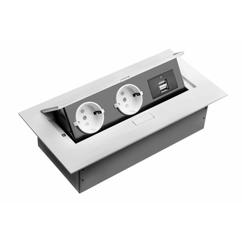 Grup prize birou, 2 x prize schucko + 2 X USB, fara cablu, rama alba, incastrabil in mobilier Grup prize birou, 2 x prize schucko + 2 X USB, fara cablu, rama alba, incastrabil in mobilier