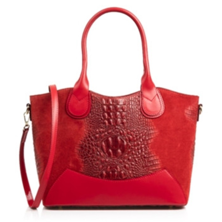 Geanta de umar pentru femei, Firenze Artegiani, piele intoarsa autentica, model crocodil, rosie, 27cm