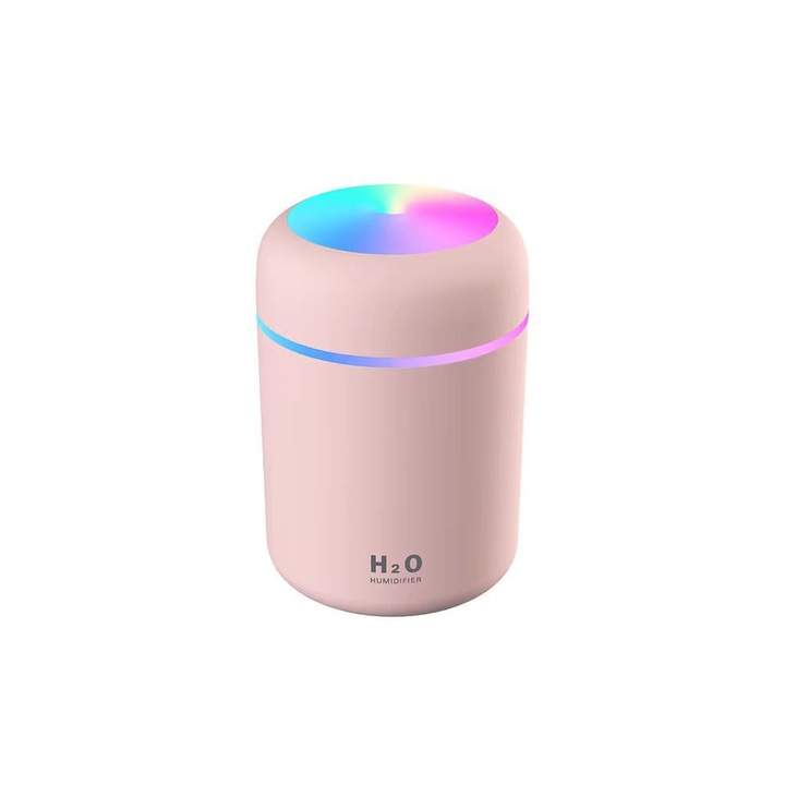 Umidificator cu LED si aromaterapie, 300ml, alimentare USB, silentios, lumina ambientala, roz