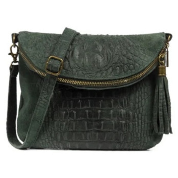 Geanta de umar pentru femei Firenze Artegiani Capoliveri, piele intoarsa gravata, verde, 19cm