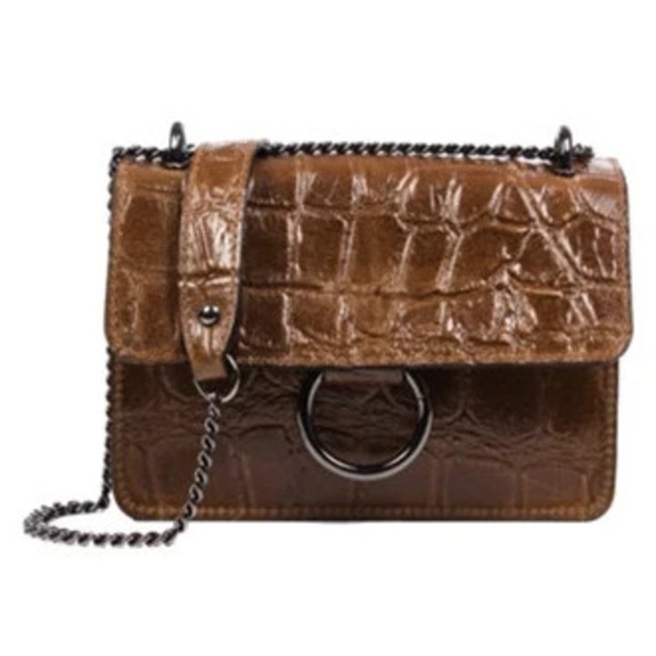 Geanta de umar femei Firenze Artegiani Fabrizia, piele intoarsa, model crocodil, maro, dimensiuni 13cm