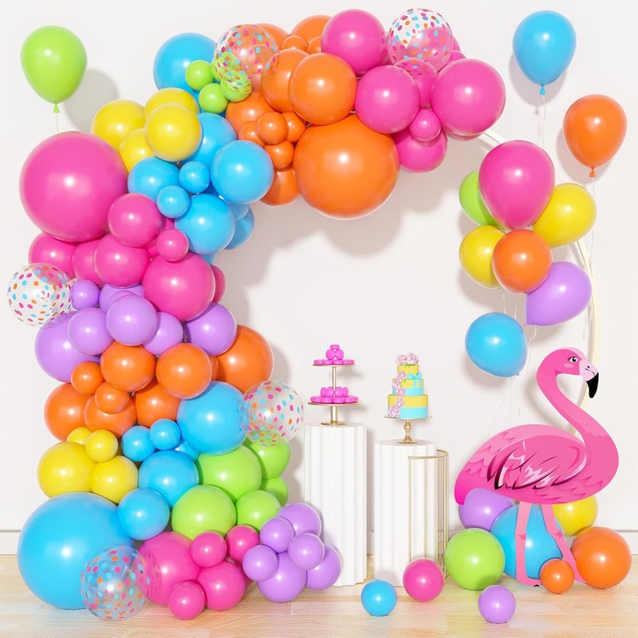 Комплект балони 124 части, многоцветен, син, зелен, розов, жълт, декорация за рожден ден, кръщене, сватба или бебешко парти, латексови балони премиум различни размери, пълен комплект с панделка и аксесоари, лесен за сглобяване, подходящ за фото декорации