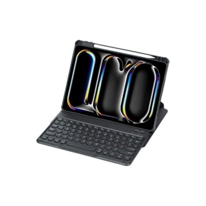 Tastatura Bluetooth YL13, rotire 360°, acrilic transparent, forma rotunda, husa din piele