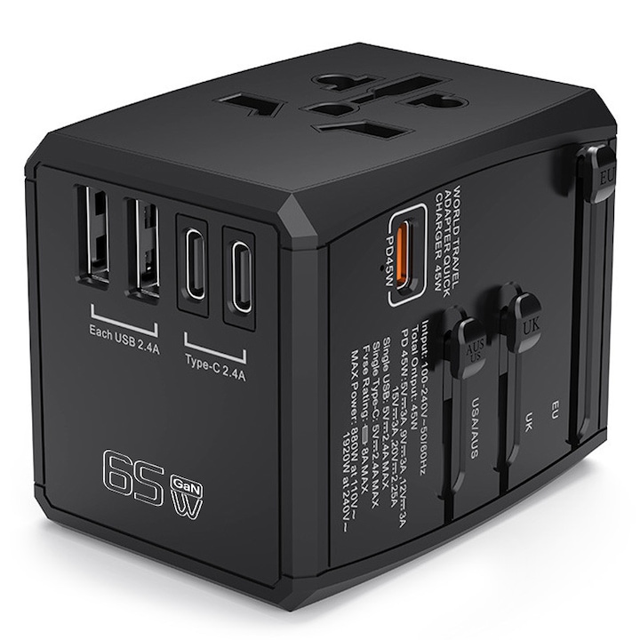 Incarcator universal de calatorie, incarcare rapida 65W, protectie supratensiune, material ignifug, negru cu auriu, set adaptori pentru SUA, UK, EU, Australia, Asia