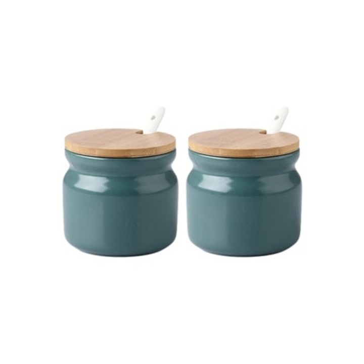 Set de 2 boluri ceramice pentru zahar cu capac din lemn si lingurita din portelan, verde inchis, 300 ml