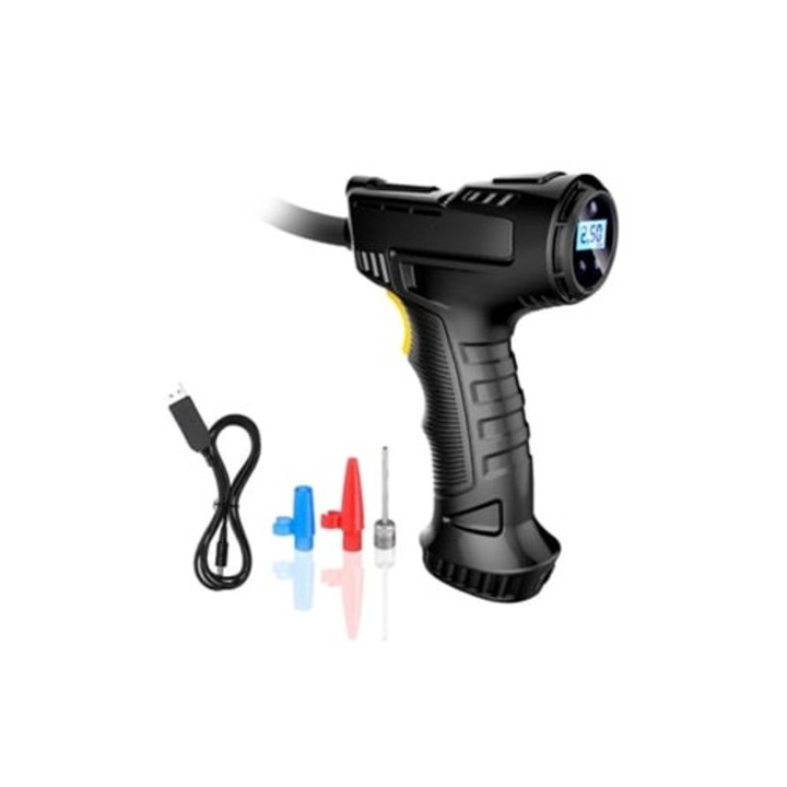 Compresor auto portabil cu manometru digital si lumina LED, pentru masini, motociclete, SUV-uri, camioane