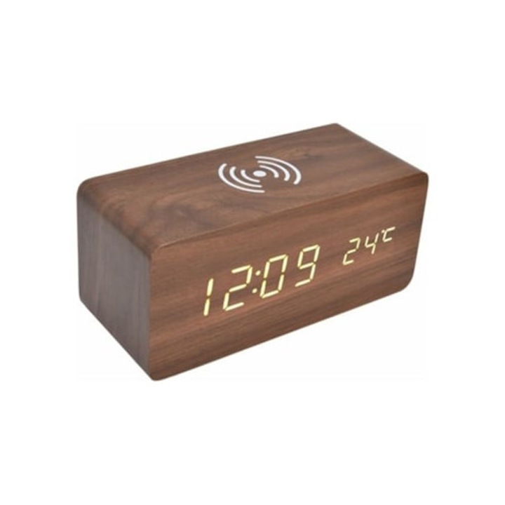 Fából készült dekoratív óra digitális ébresztővel, LED, gyors vezeték nélküli töltés, 12/24 óra, Slowmoose