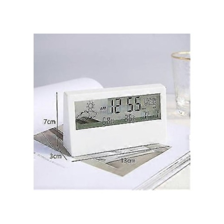 Ceas decorativ LCD cu termometru si higrometru, alarma